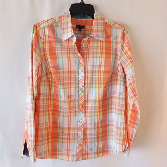 Talbots Women’s Long Sleeve Orange Plaid Button Front Cotton Blouse Size S - Picture 2 of 8